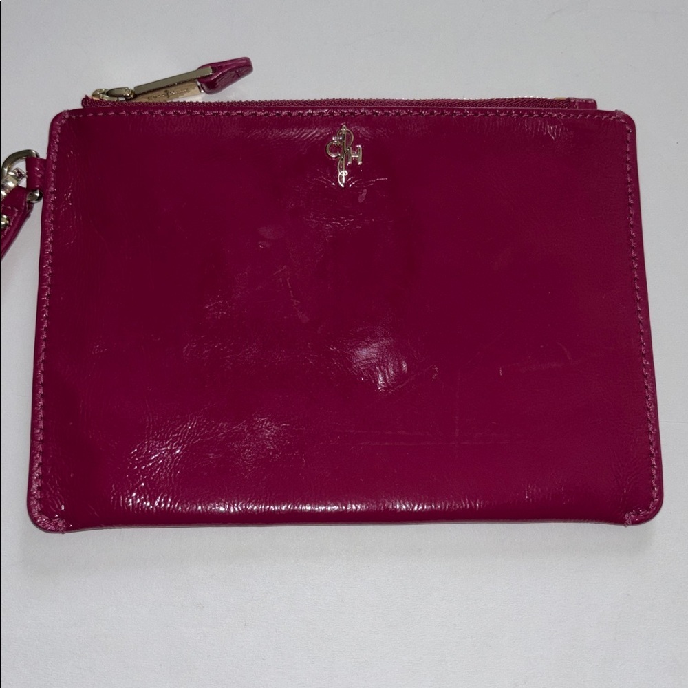 COLE HAHN DEEP PINK PATENT LEATHER WRISTLET SMALL GOLD C H LOGO ON FRONT